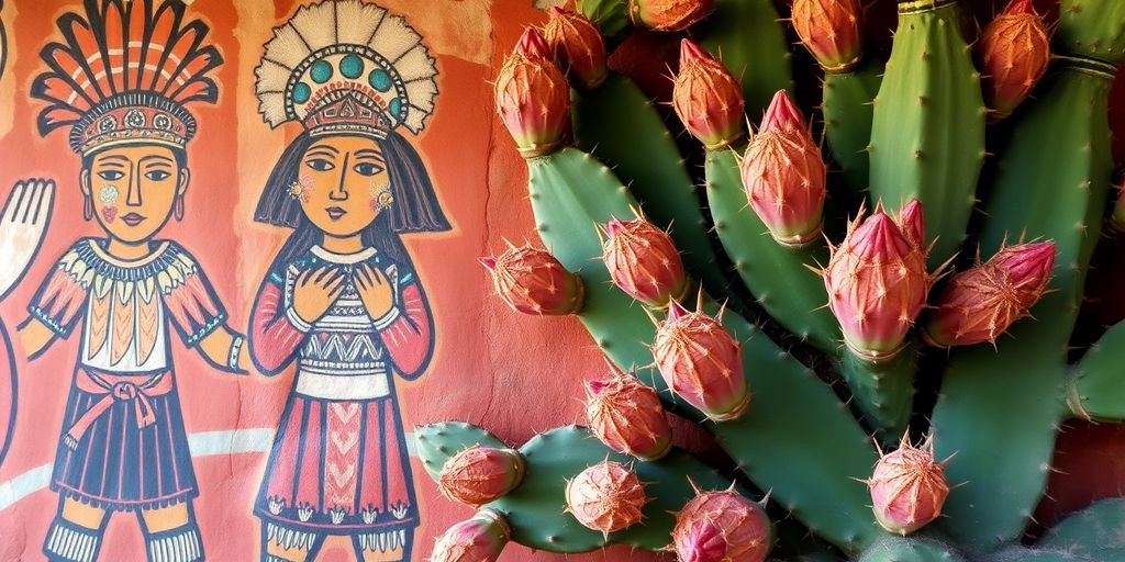 Mural maya con figuras y cactus.