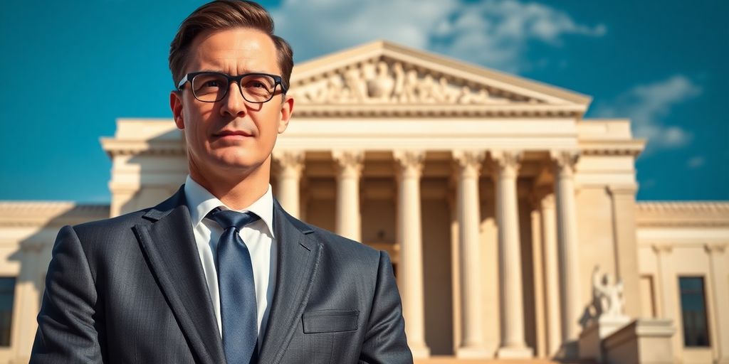 Confident lawyer in front of a modern courthouse.