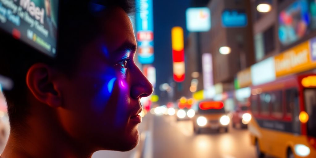 Person's face illuminated by a smartphone screen, vibrant city lights.