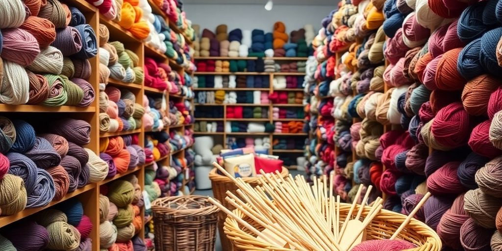 Cozy yarn shop interior with colorful skeins and knitting needles.