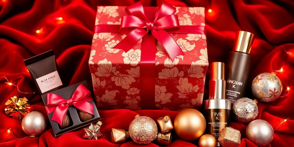 Gift box with gourmet treats and festive decorations.