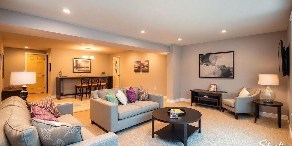 Bright, finished basement with comfortable seating and natural light.