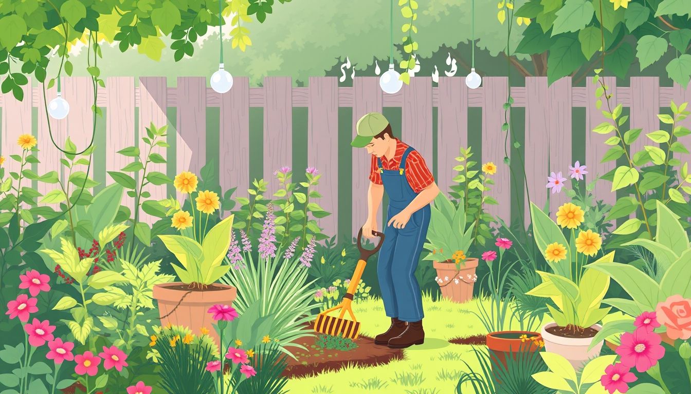 Gardener working in a lush garden