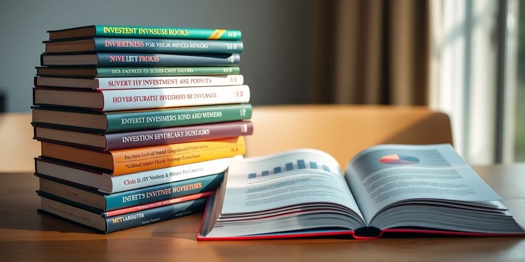 A stack of investment books on a wooden table.