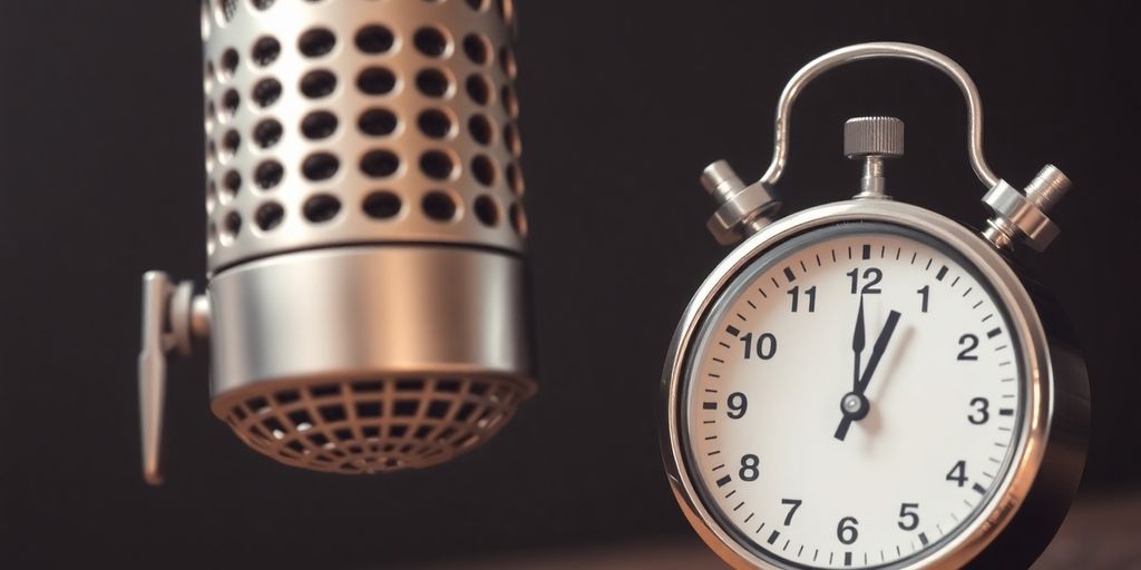 Podcast microphone with a stopwatch timer.