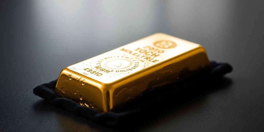 Lingot d'or sur un tissu en velours sombre.