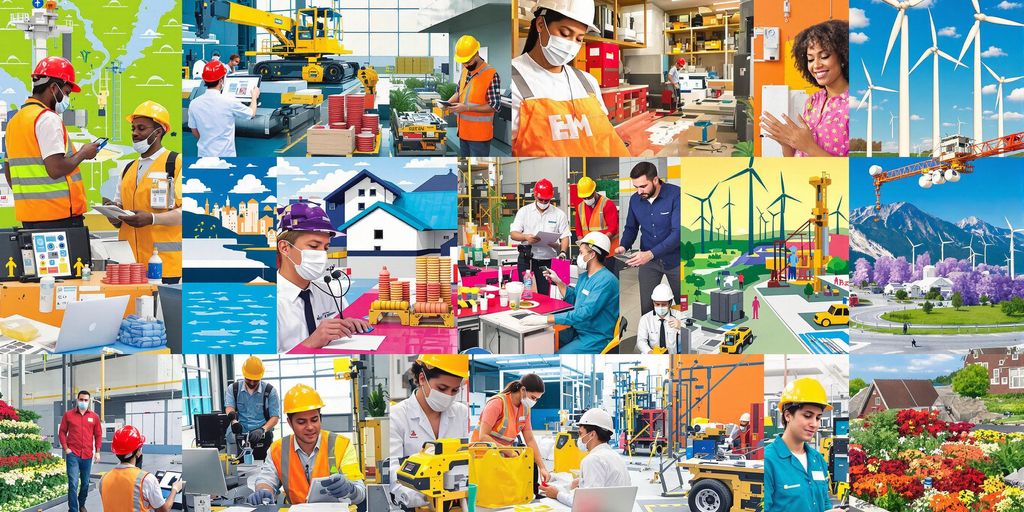 Arbeitsmarkt 2025: Welche Branchen boomen und wo fehlen Fachkräfte? Vibrante Collage von Branchen mit Fachkräften.