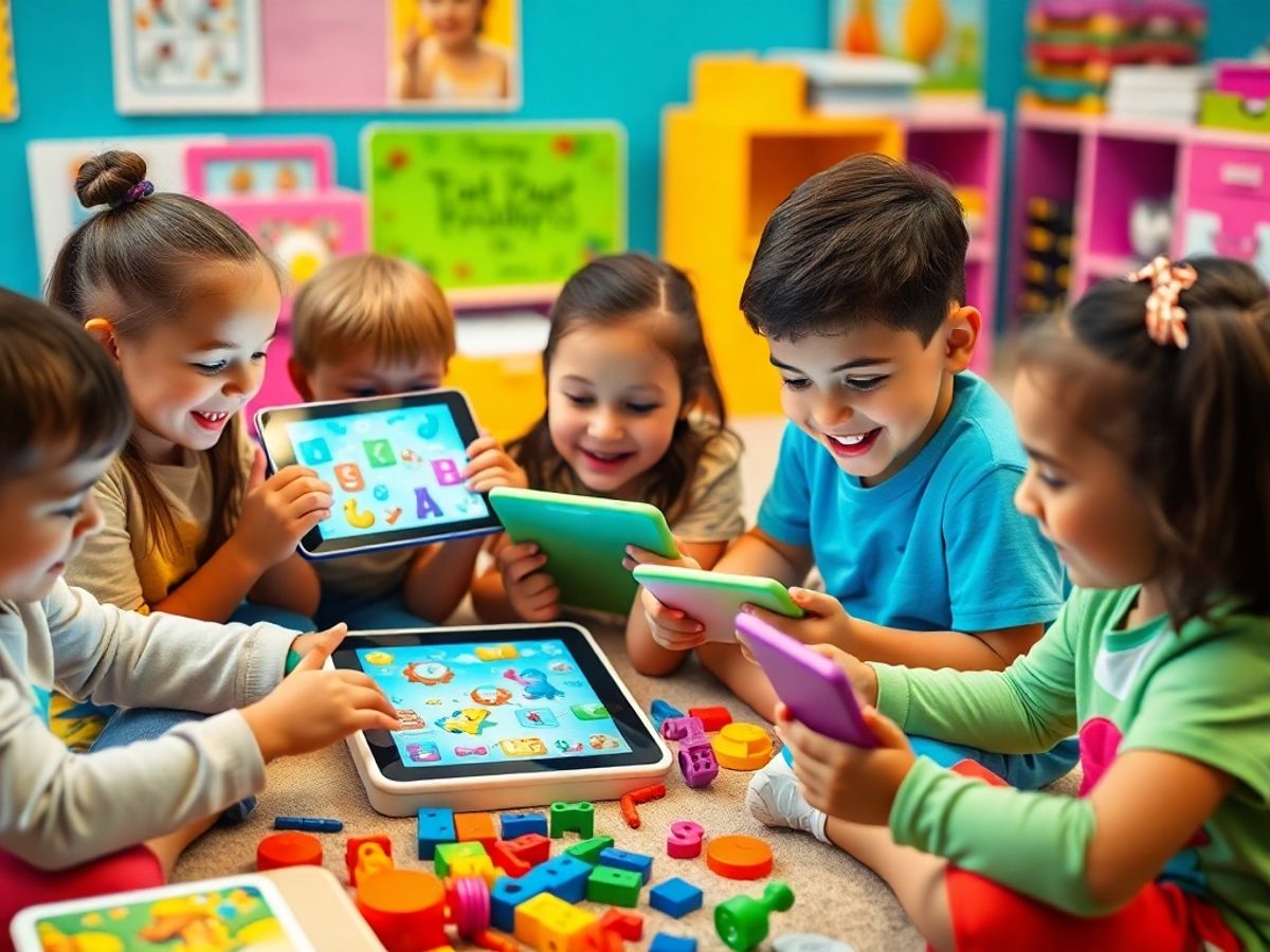 Copii jucându-se cu tehnologie educațională.