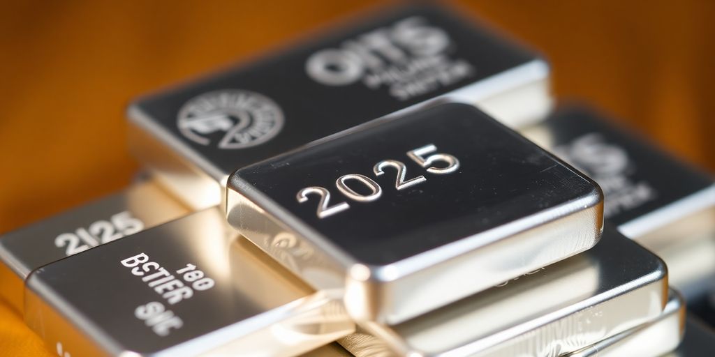 Une photographie de barres d'argent brillantes empilées.