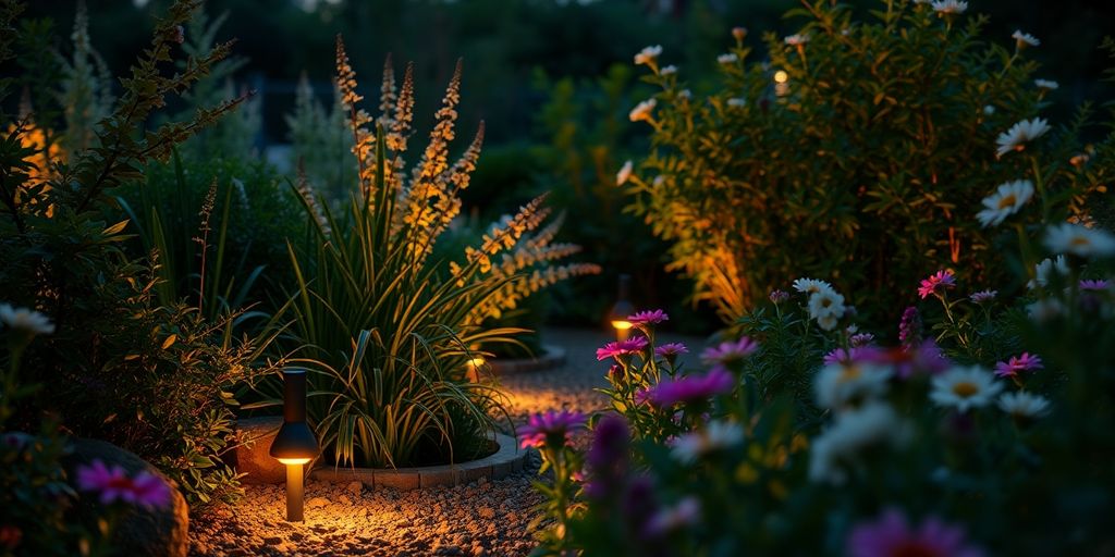 Gartenbeleuchtung im Abendlicht, sanft und energiesparend.