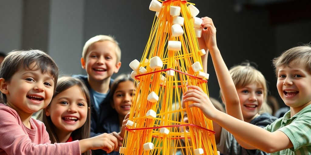 Kids build a tall marshmallow and spaghetti tower.