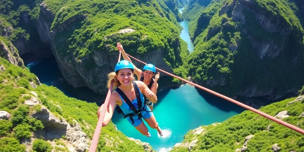 Thrill-seekers ziplining through lush canyons.