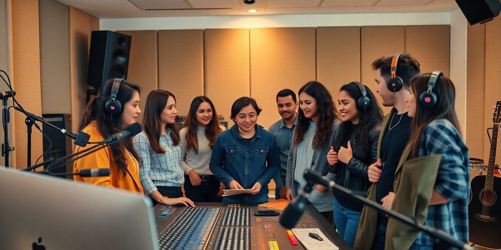 Diverse group collaborating in music studio