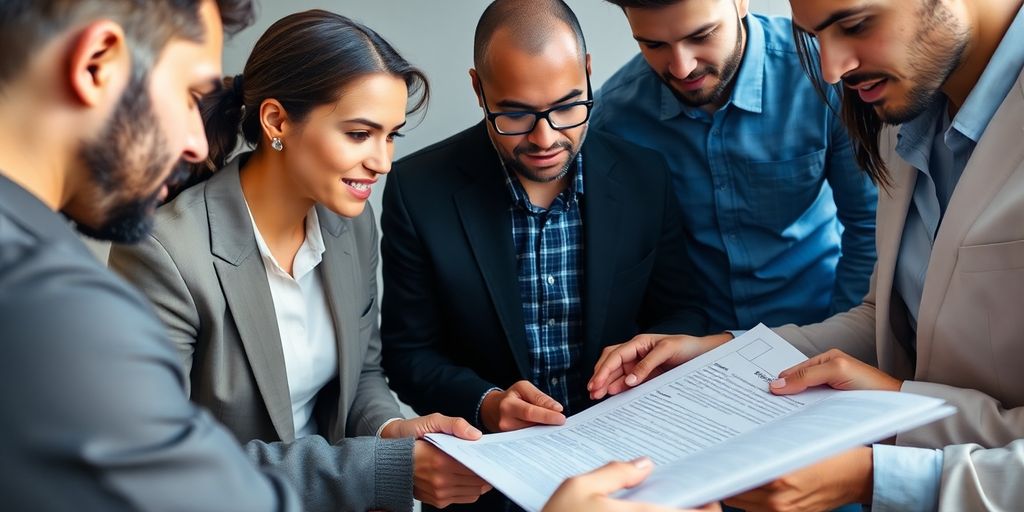 Professionals discussing cryptocurrency whitepapers in a meeting.