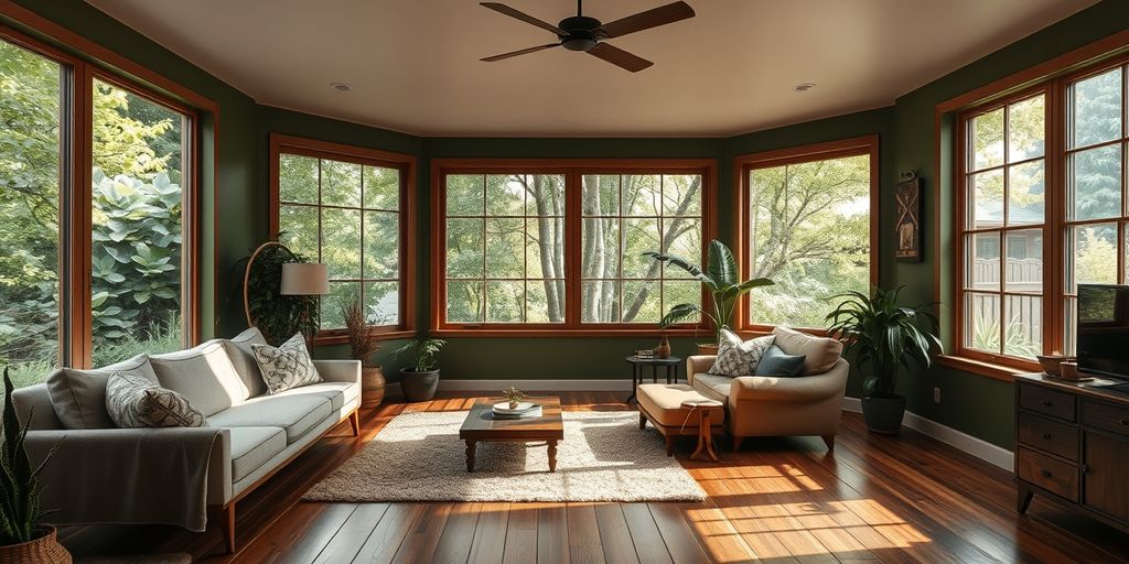 Living room with wooden floors and green walls
