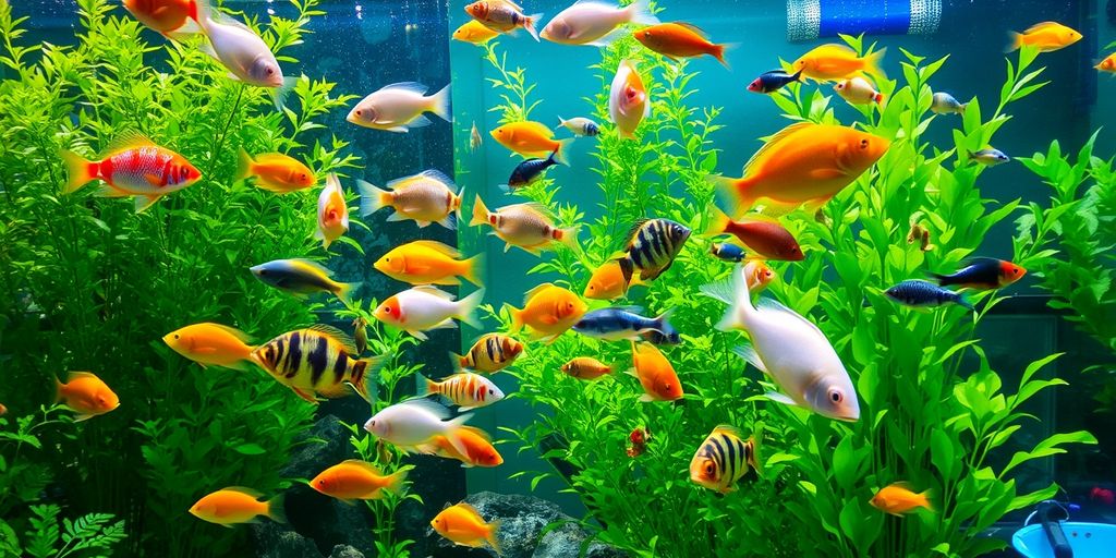 Peces de agua dulce coloridos en un acuario próspero.