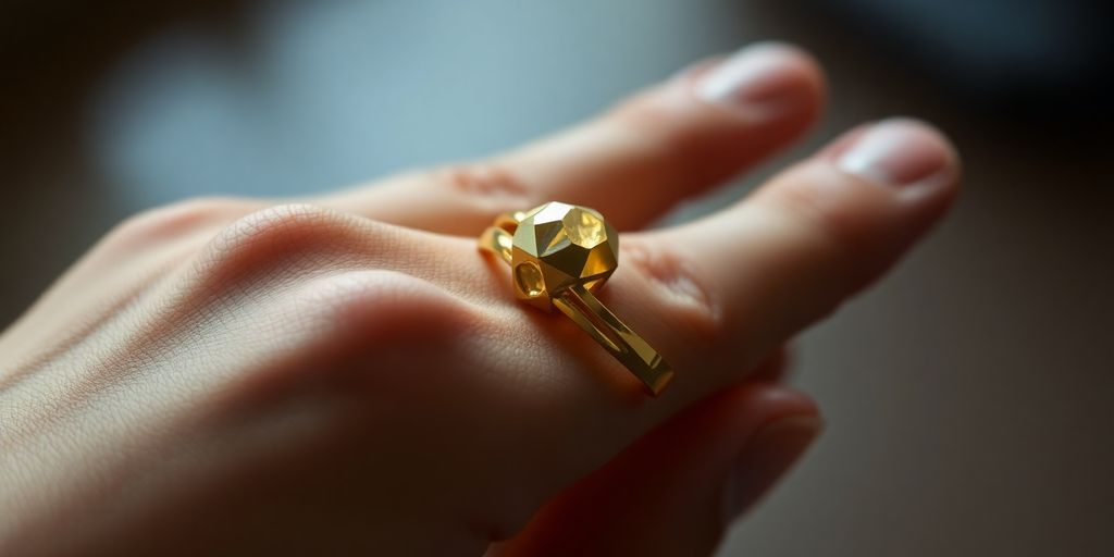 Une main tenant une bague en or étincelante.