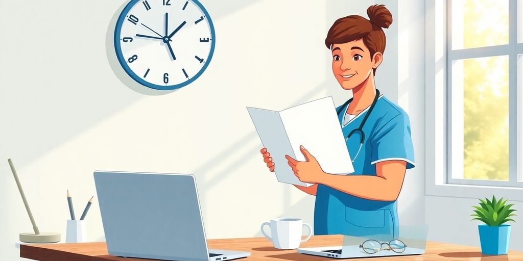 Healthcare worker in scrubs holding resume folder by desk clock