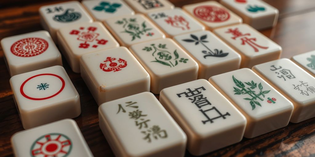 Traditional Mahjong tiles with intricate designs on a wooden table.