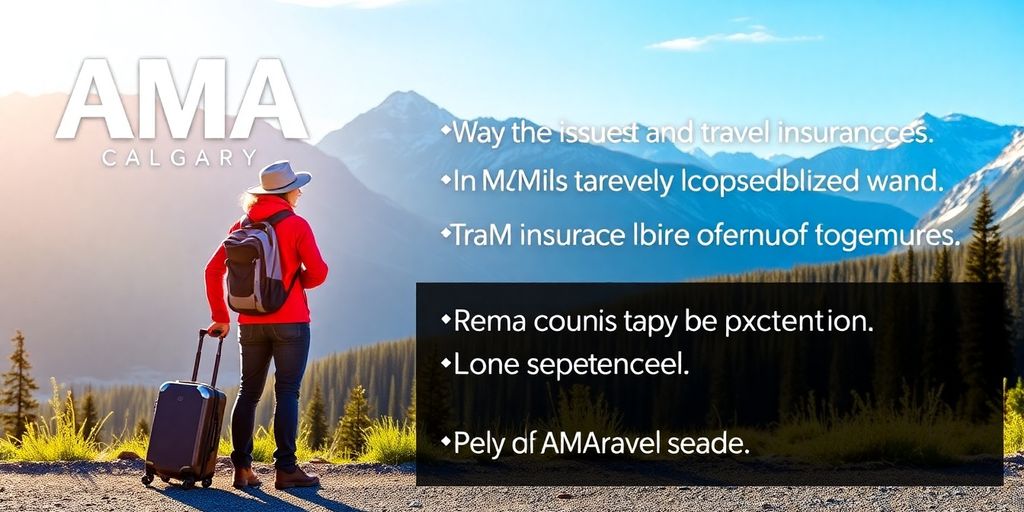 Traveler with luggage near AMA Calgary logo and mountains.
