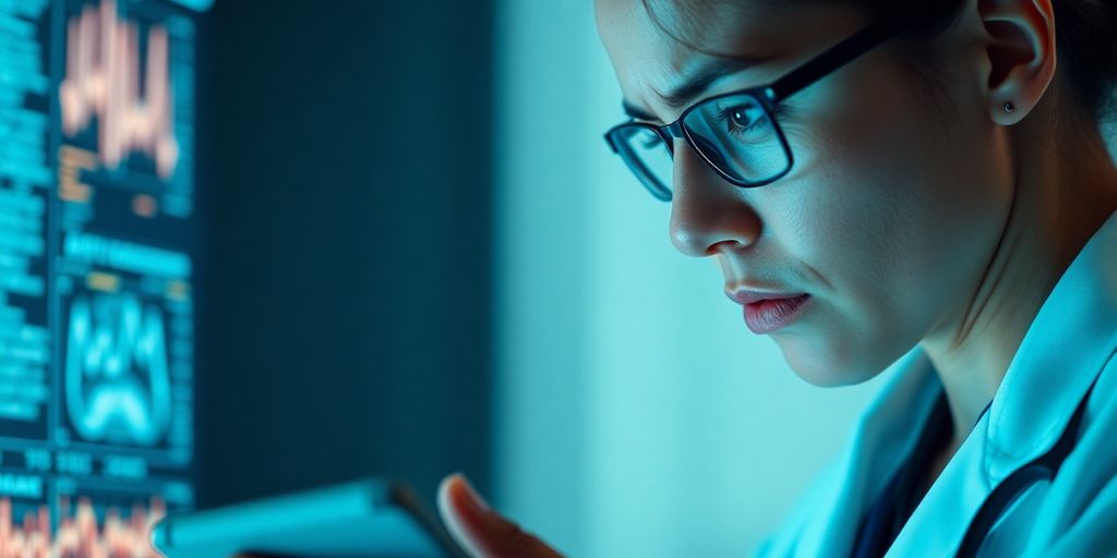 Healthcare professional reviewing AI data with concern.