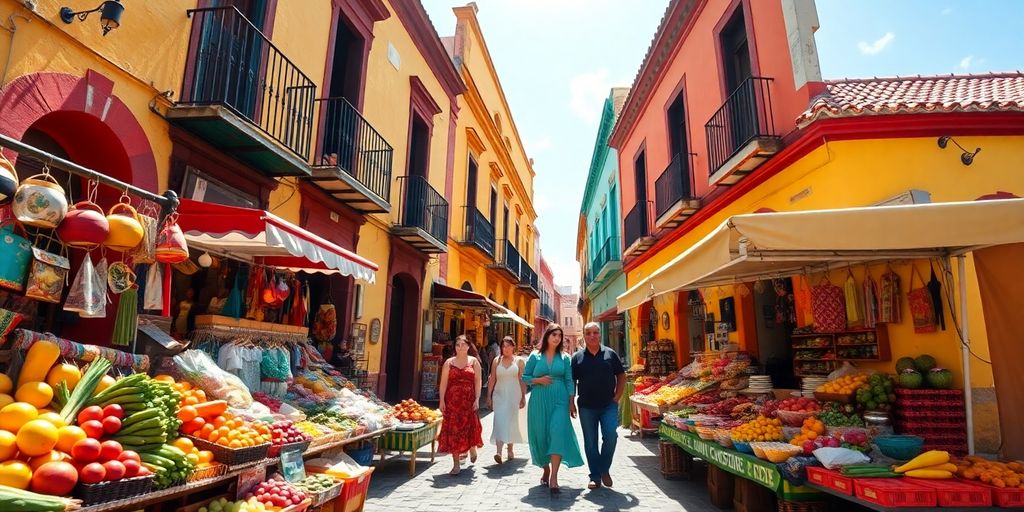 Colorful street scene in a bustling Mexican city.