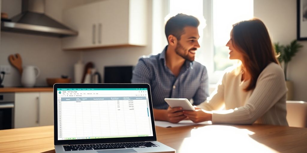 Aussie couple reviewing a budget on a laptop.