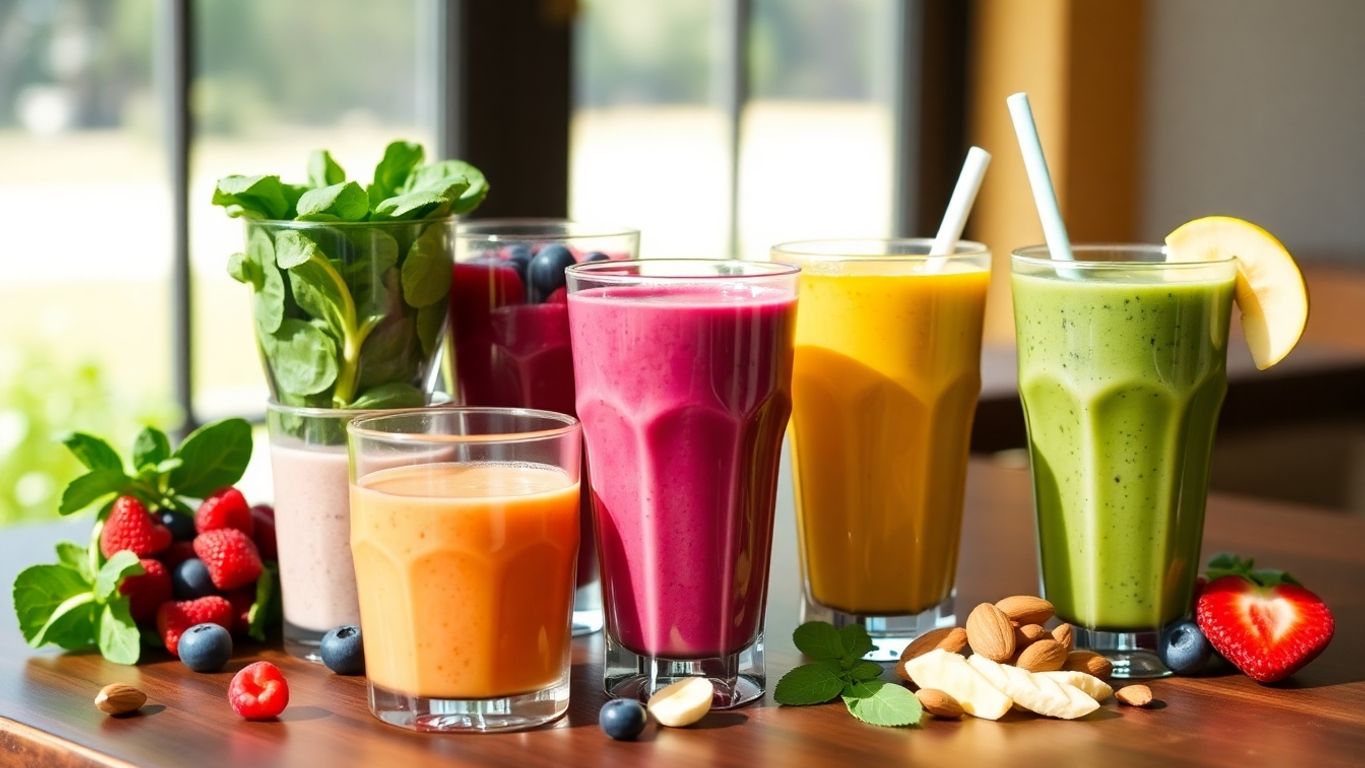 Colorful heart-healthy smoothies with fresh ingredients on table.