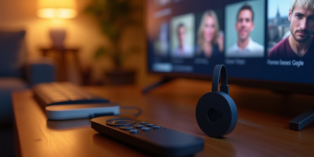 Google Chromecast vor einem Fernseher im Wohnzimmer