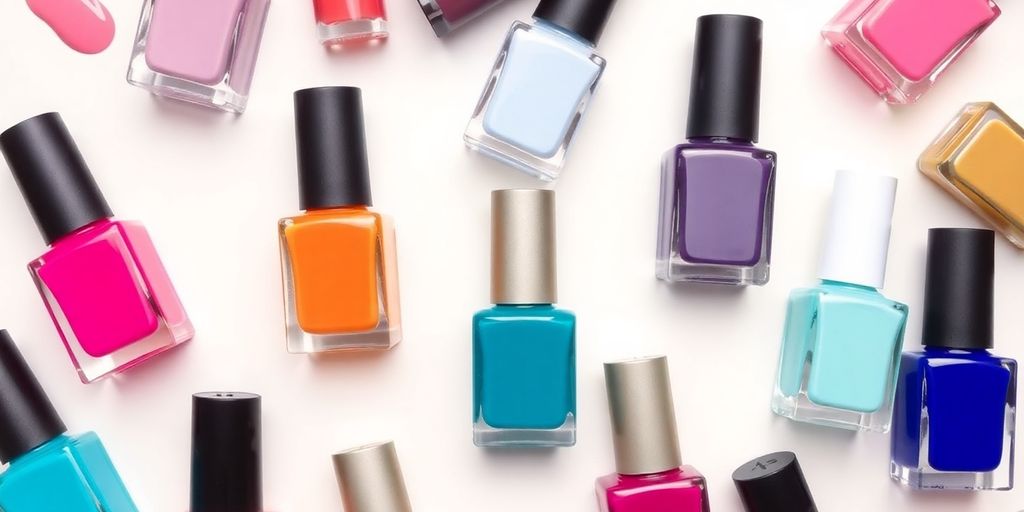 Vários esmaltes coloridos em fundo claro.