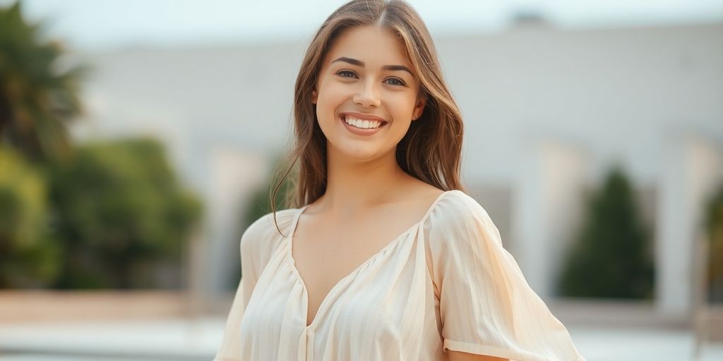Woman wearing a casual floral dress smiling.
