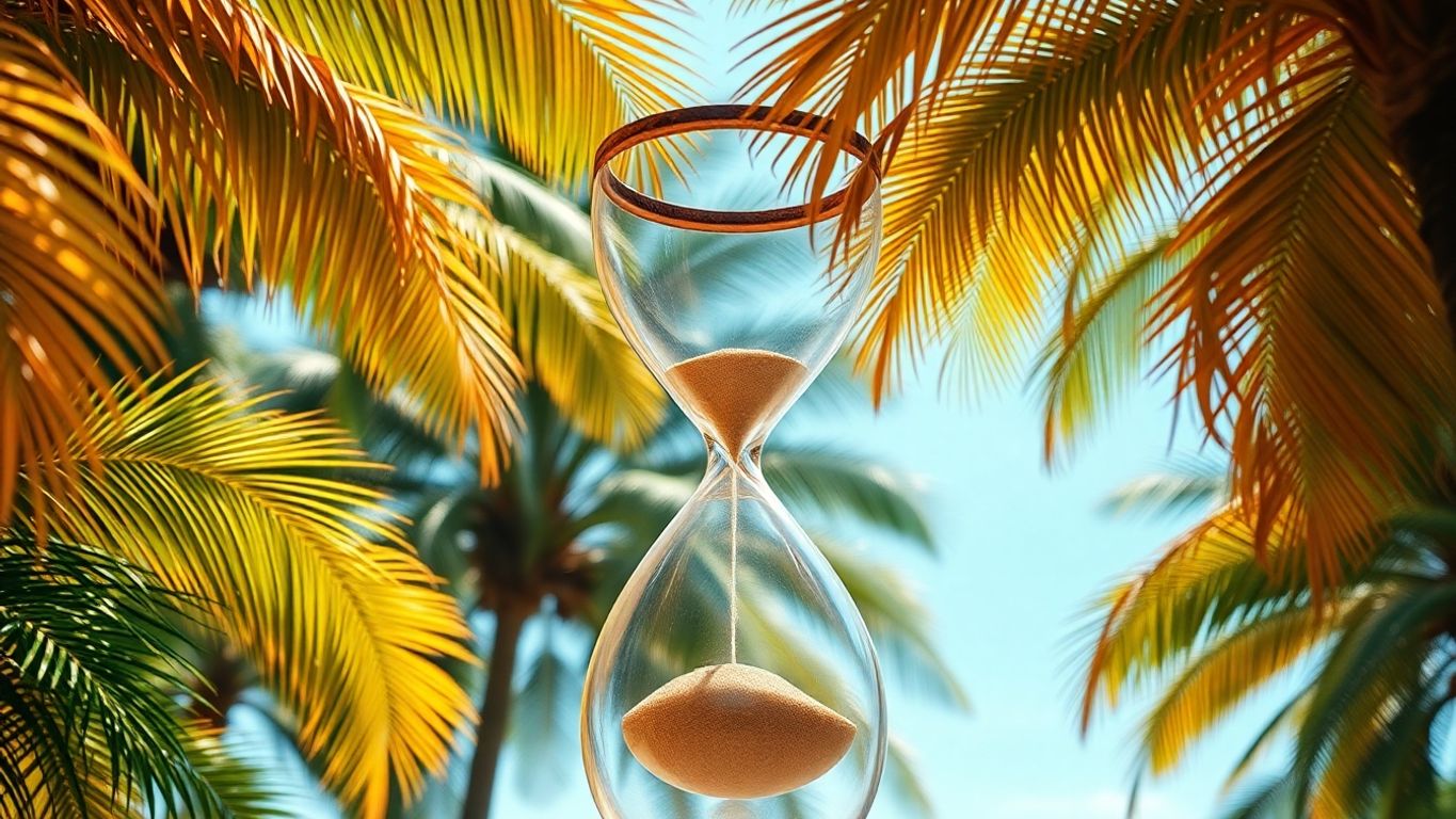 Hourglass funnel with palm trees.
