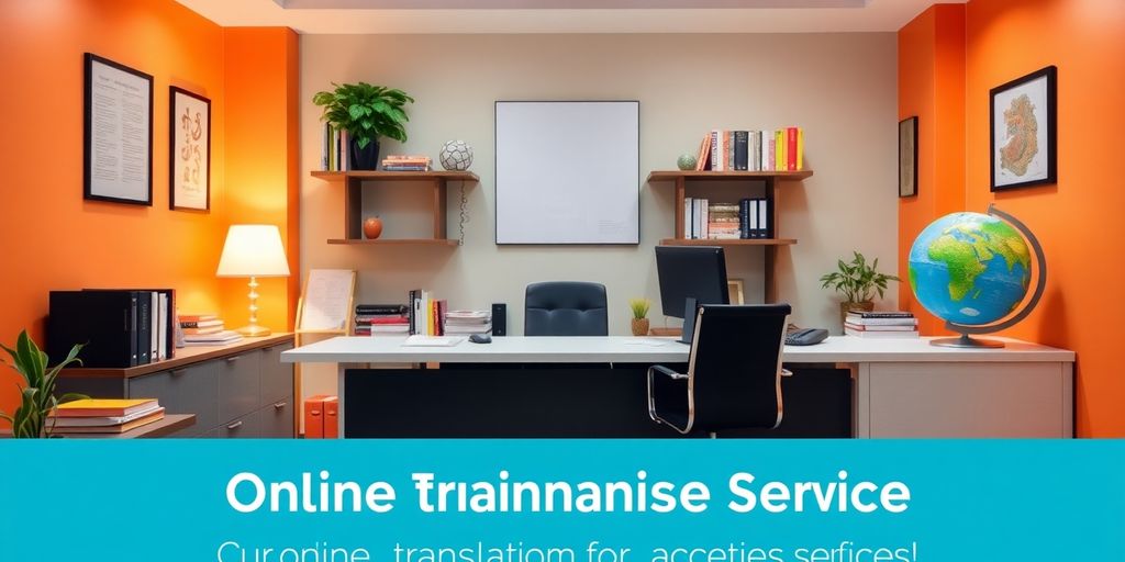 Tercüme bürosu iç mekanı, modern masa ve bilgisayar.