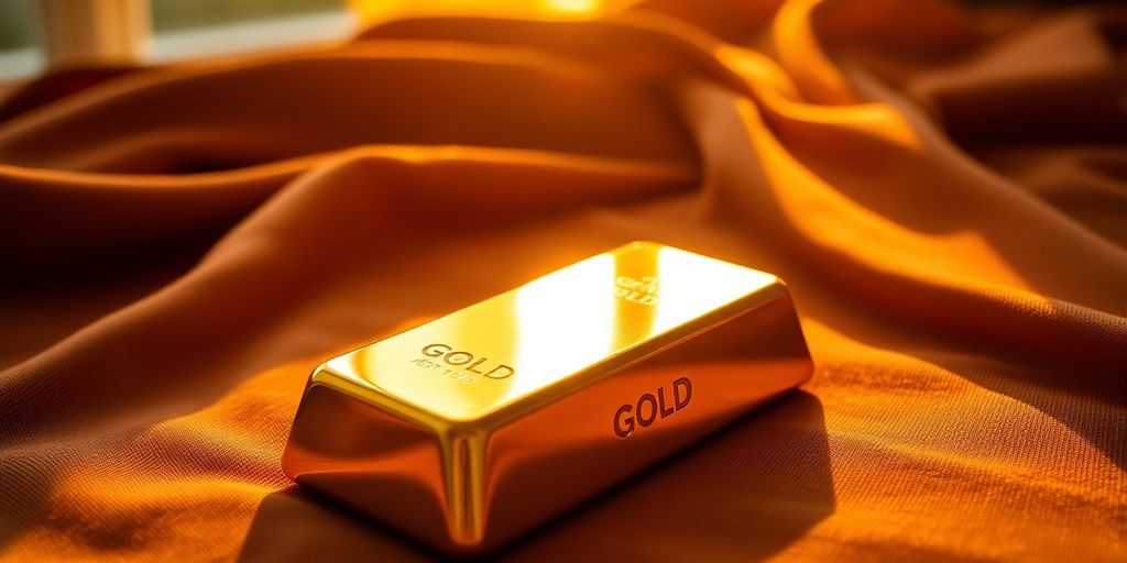 Barre d'or sur un tissu riche et texturé.