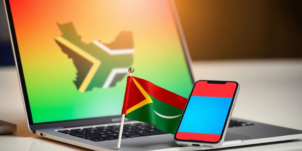 Laptop, phone, map, and South African flag.