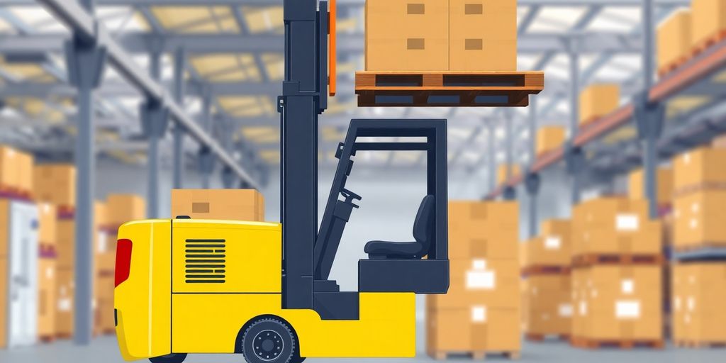 Forklift moving boxes in warehouse.