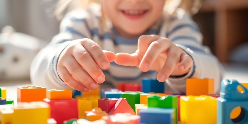 Strahlende Kinder spielen mit bunten Lernspielzeugen.