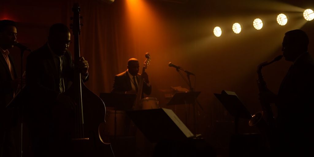 Silhouettes of musicians in a dimly-lit jazz setting.