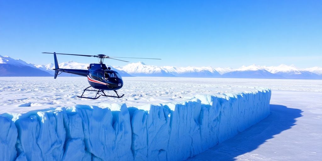 A helicopter flying over a massive Alaskan glacier and mountains.