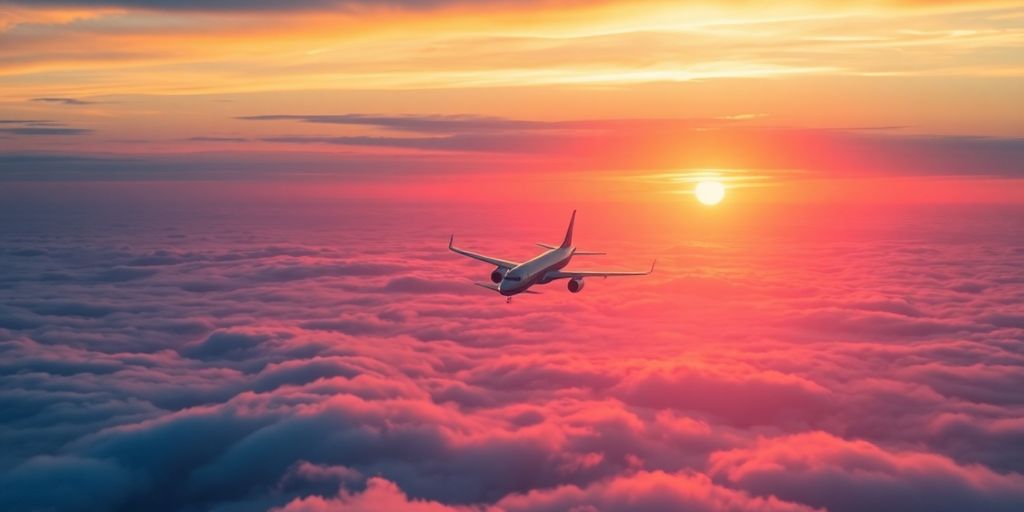 Avião voando sobre nuvens ao pôr do sol.