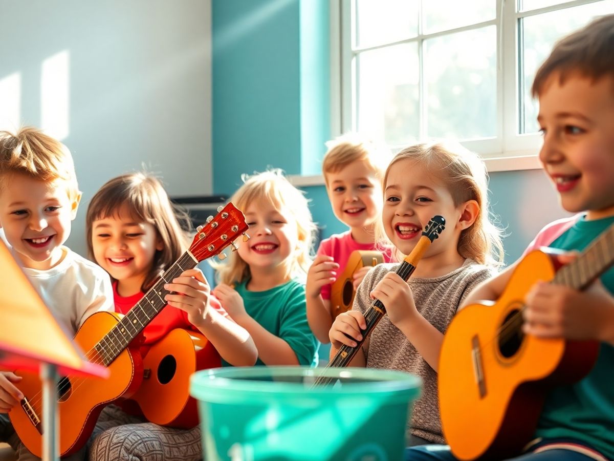 Copii zâmbind în timp ce cântă la instrumente.