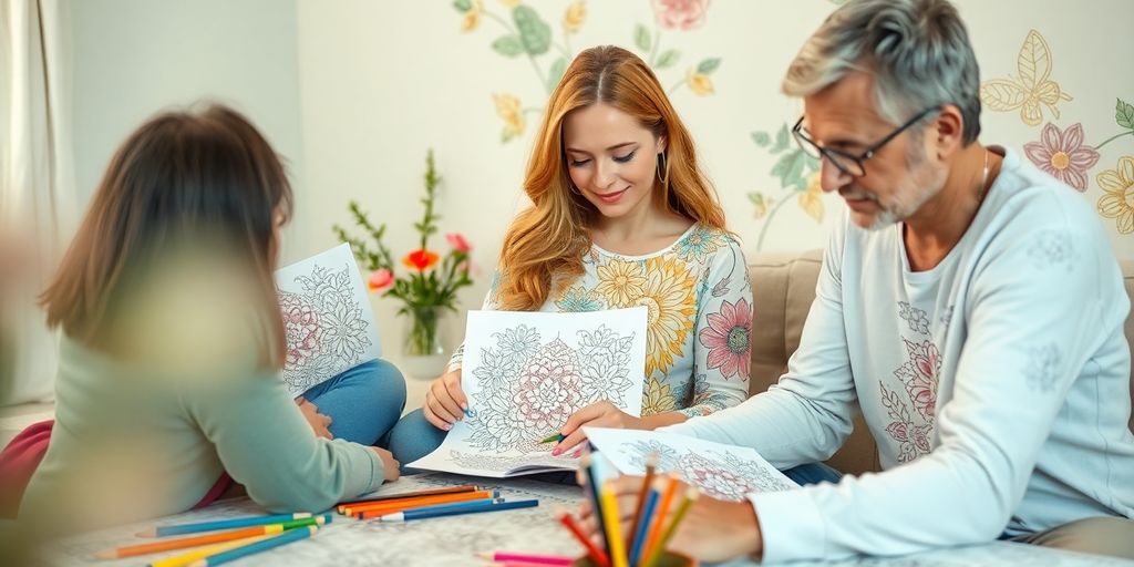 Adults coloring intricate designs in a relaxing environment.