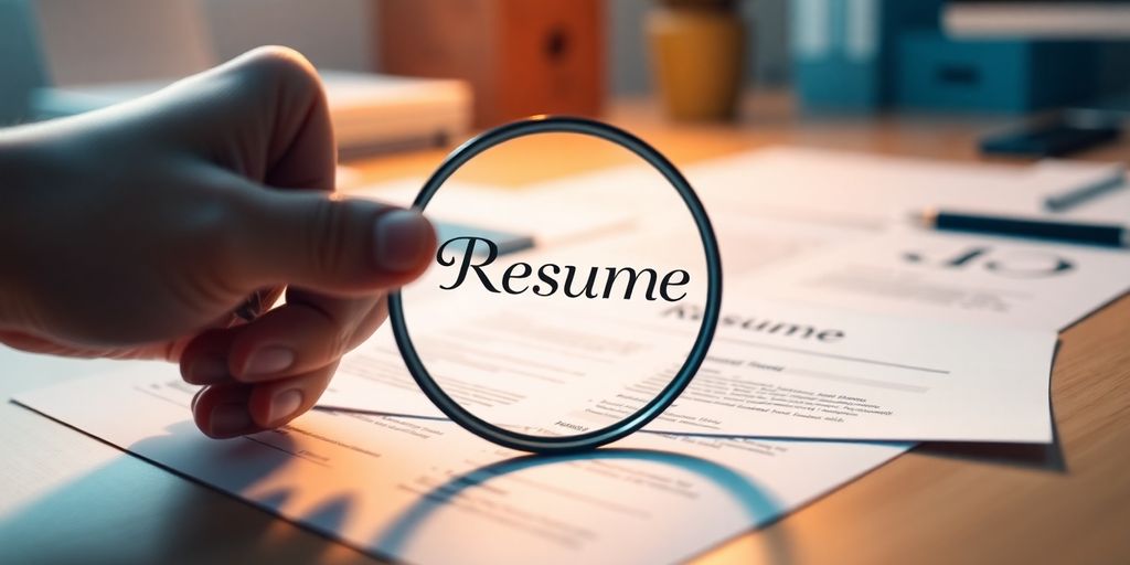 Polished resume title, magnifying glass, thoughtful review.