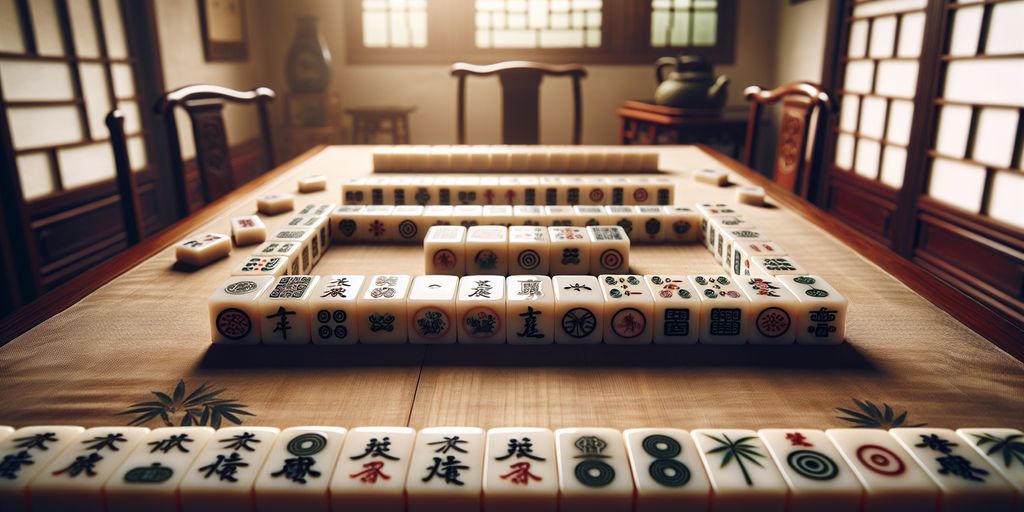 Mahjong game setup with 13 tiles on table