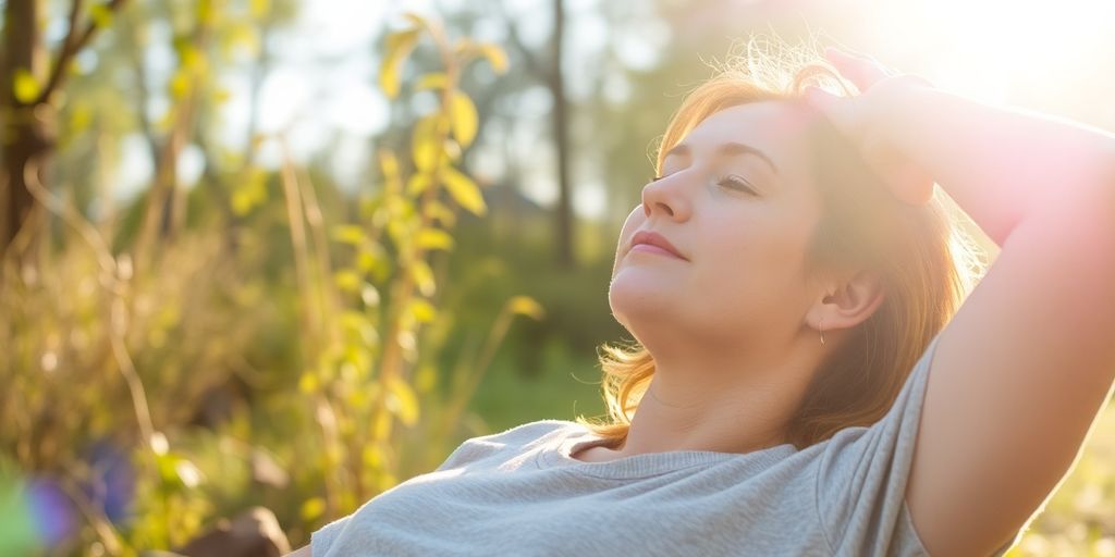 Serene person meditating outdoors, bathed in soft sunlight.