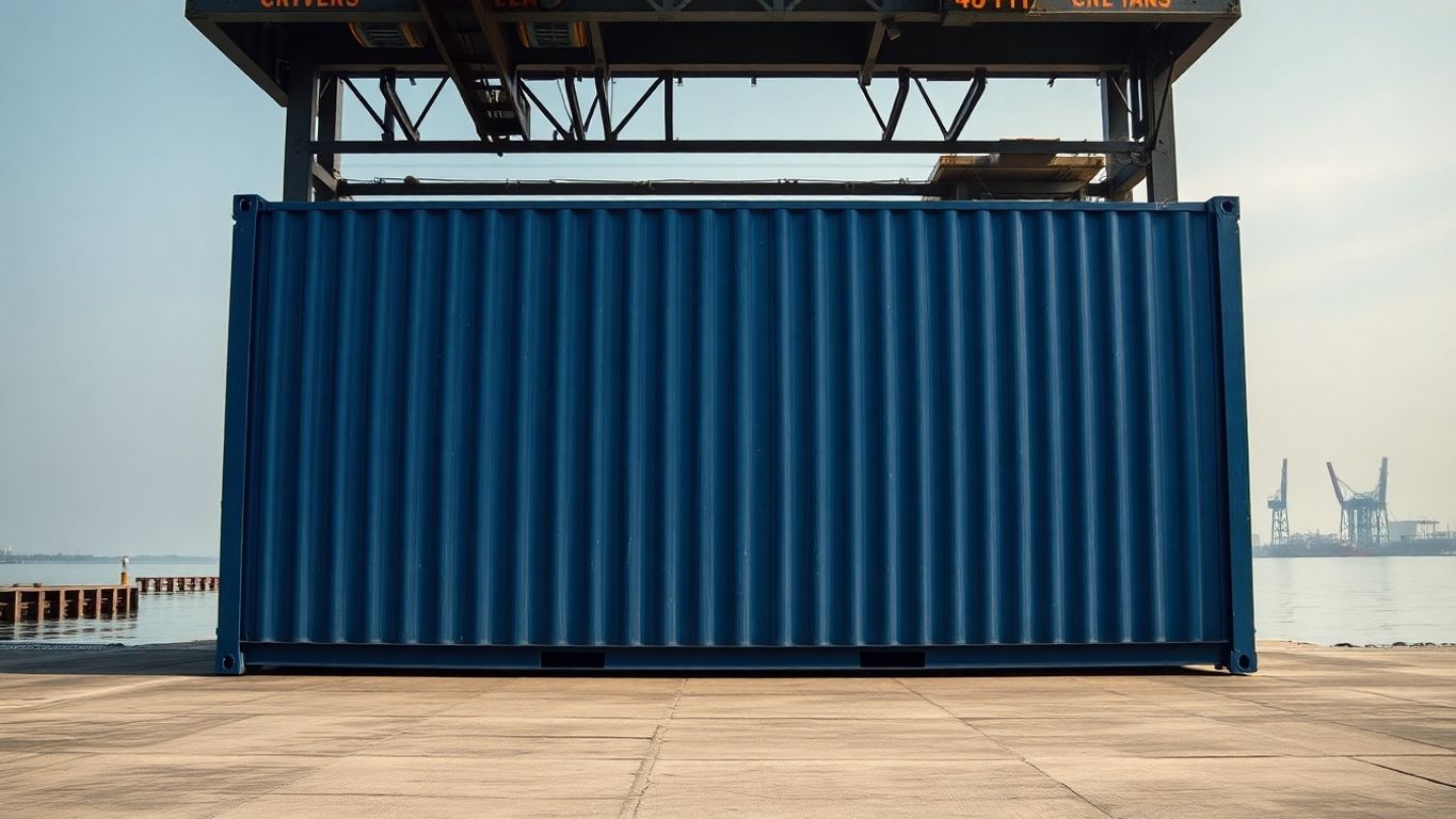 Long 48-foot shipping container by industrial dock.