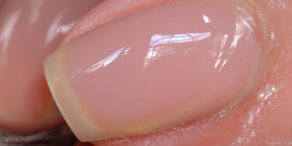 Close-up of artificial nails with discoloration.