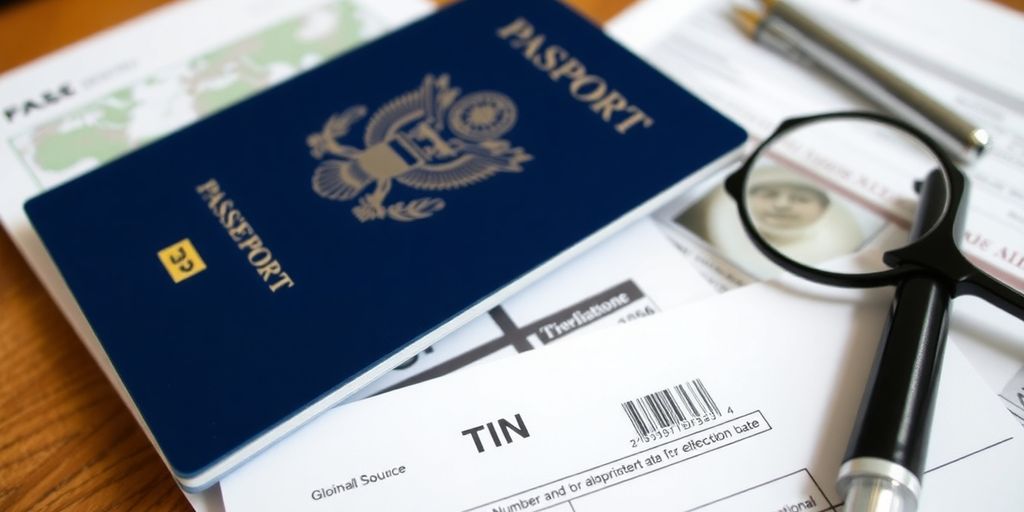 Passport and tax documents on a wooden desk.