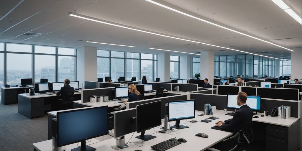Legal professionals working on computers in a modern office.