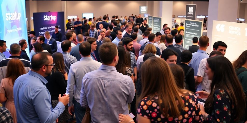 Diverse professionals networking at a startup event.